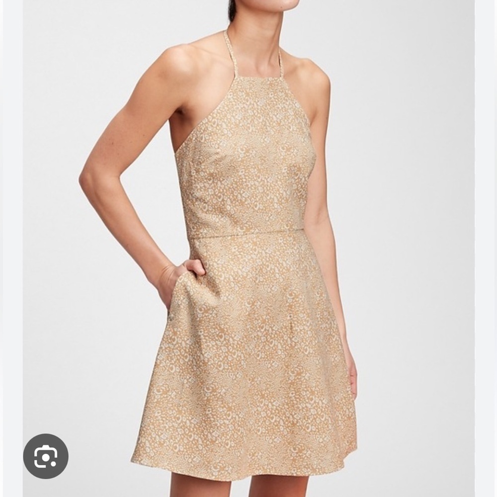 Gap Halter-Neck Mini Dress Linen Cotton Blend Tan Cheetah Print Y2K Size 14